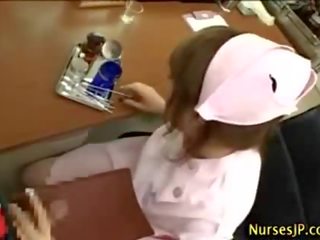 Oriental hairy nurse hand job and jizz shot