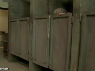 Granny gets fucked in public toilet